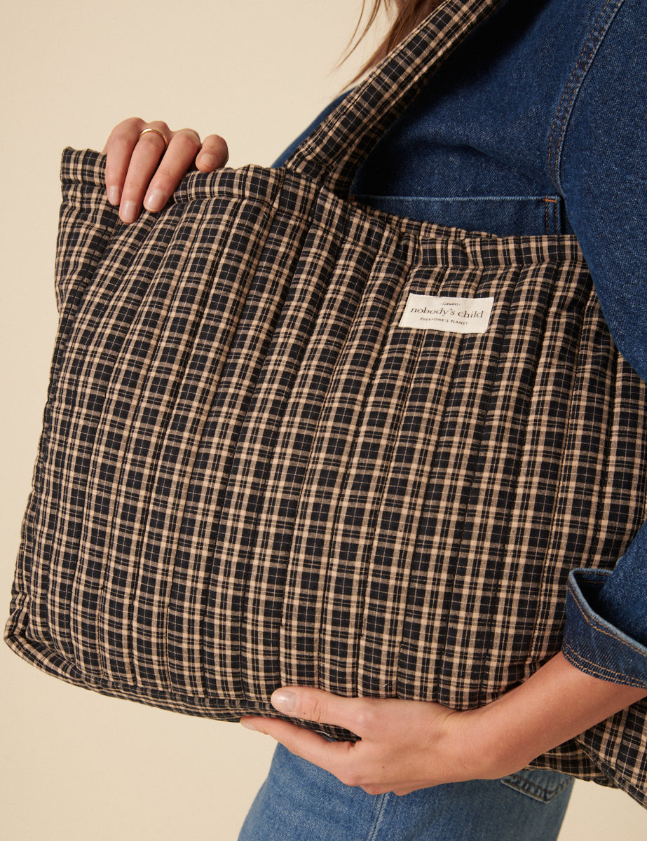 Black Check Quilted Tote Bag