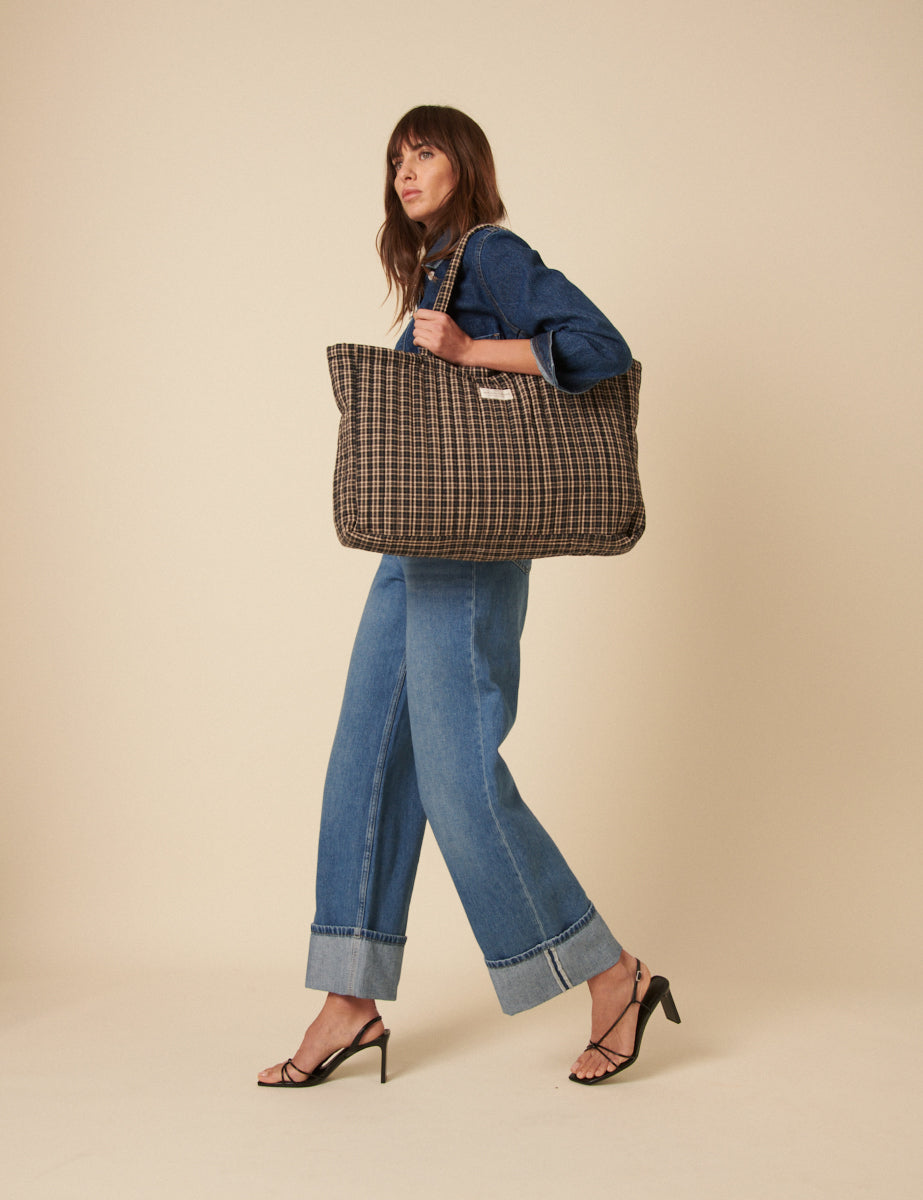 Black Check Quilted Tote Bag