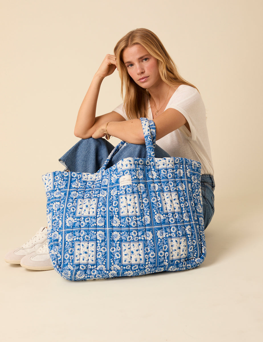 Blue Printed Quilted Tote Bag