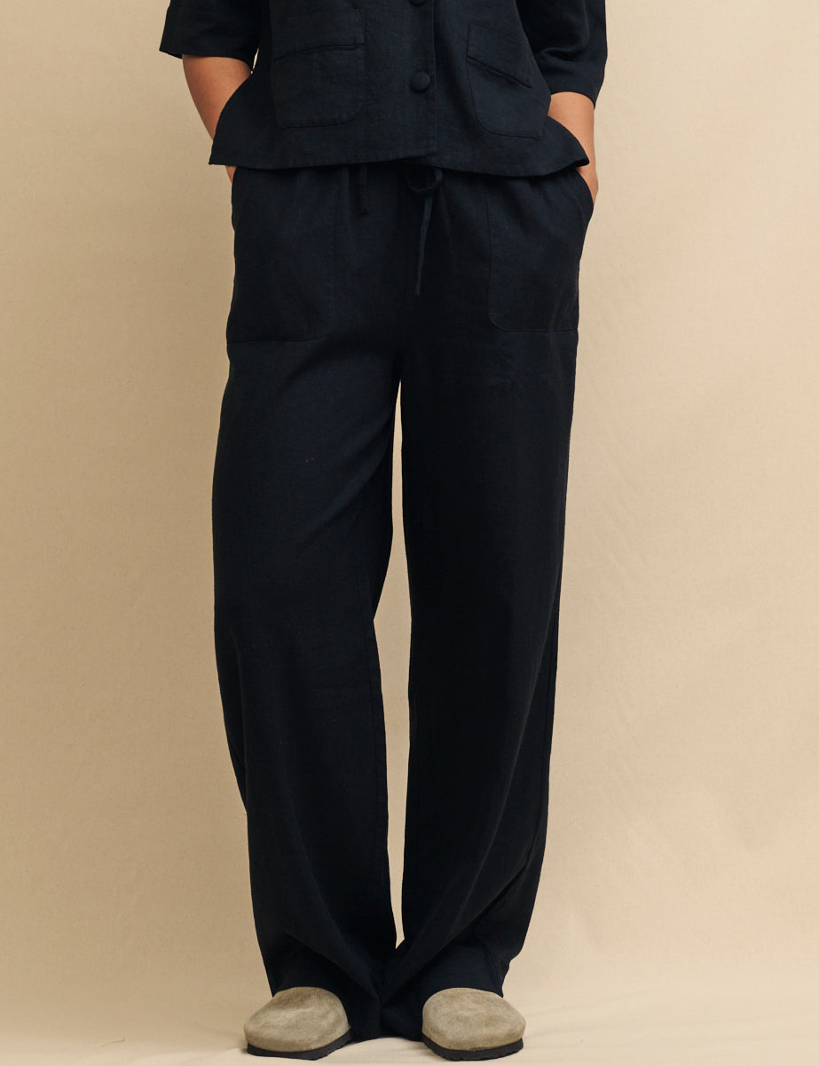 Petite Black Linen-blend Drawstring Trousers