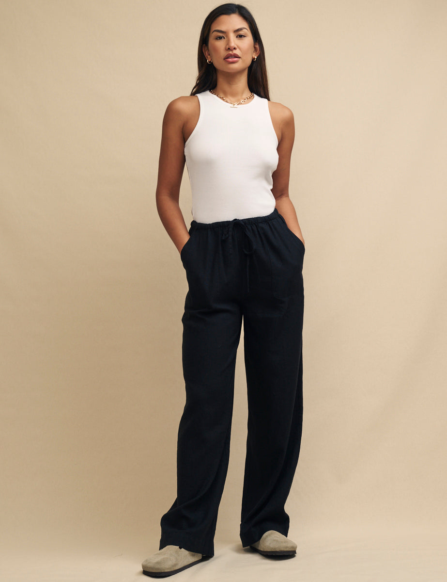 Petite Black Linen-blend Drawstring Trousers