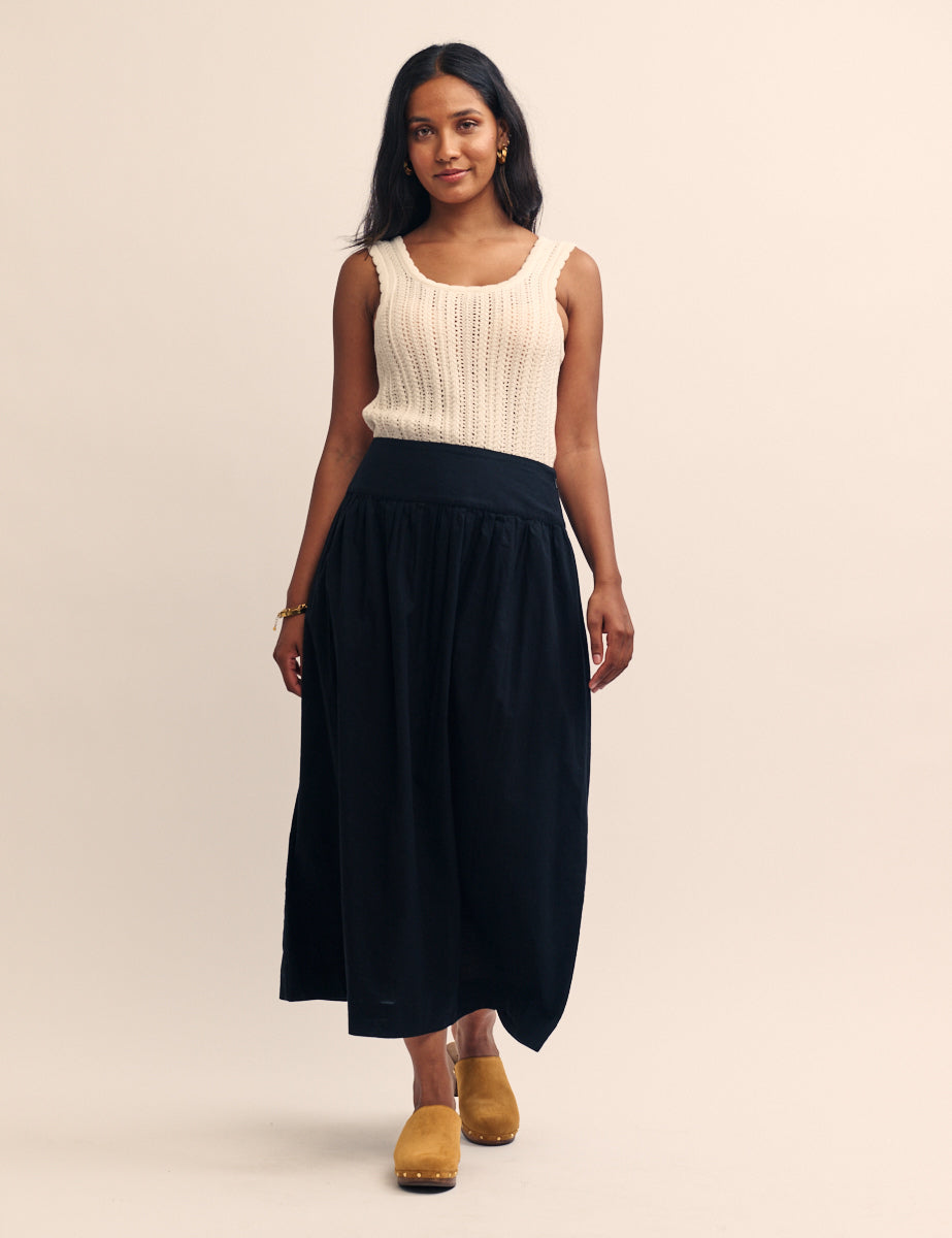 Black Drop Waist Midi Skirt