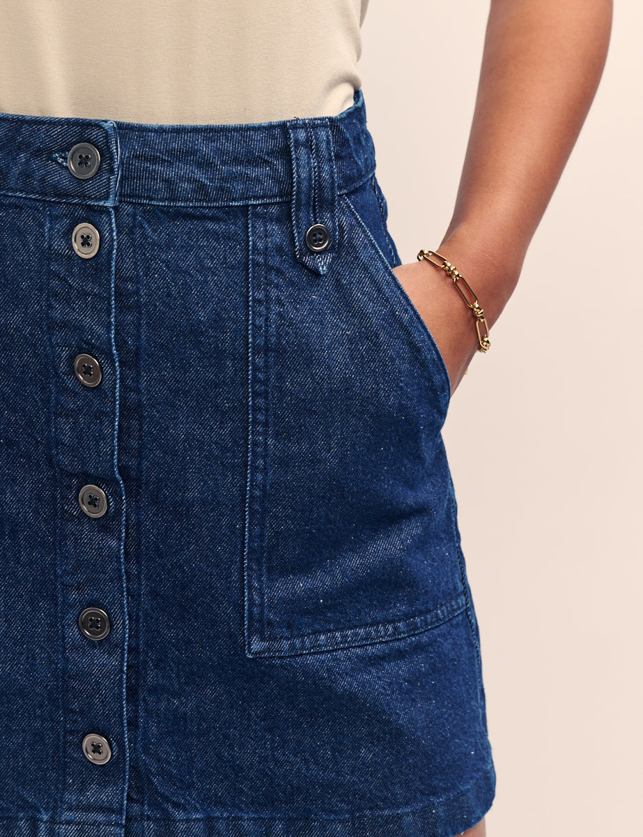 Dark Denim Button Through Mini Skirt