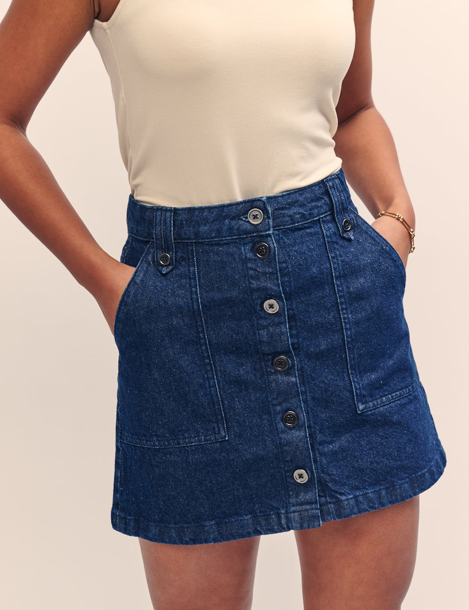 Dark Denim Button Through Mini Skirt