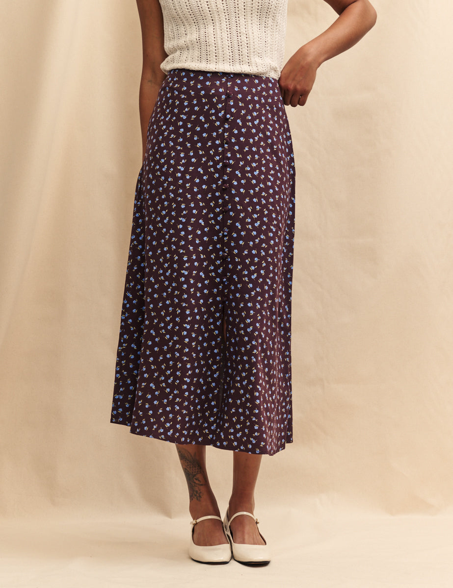 Brown Ditsy Floral Button Down Midi Skirt