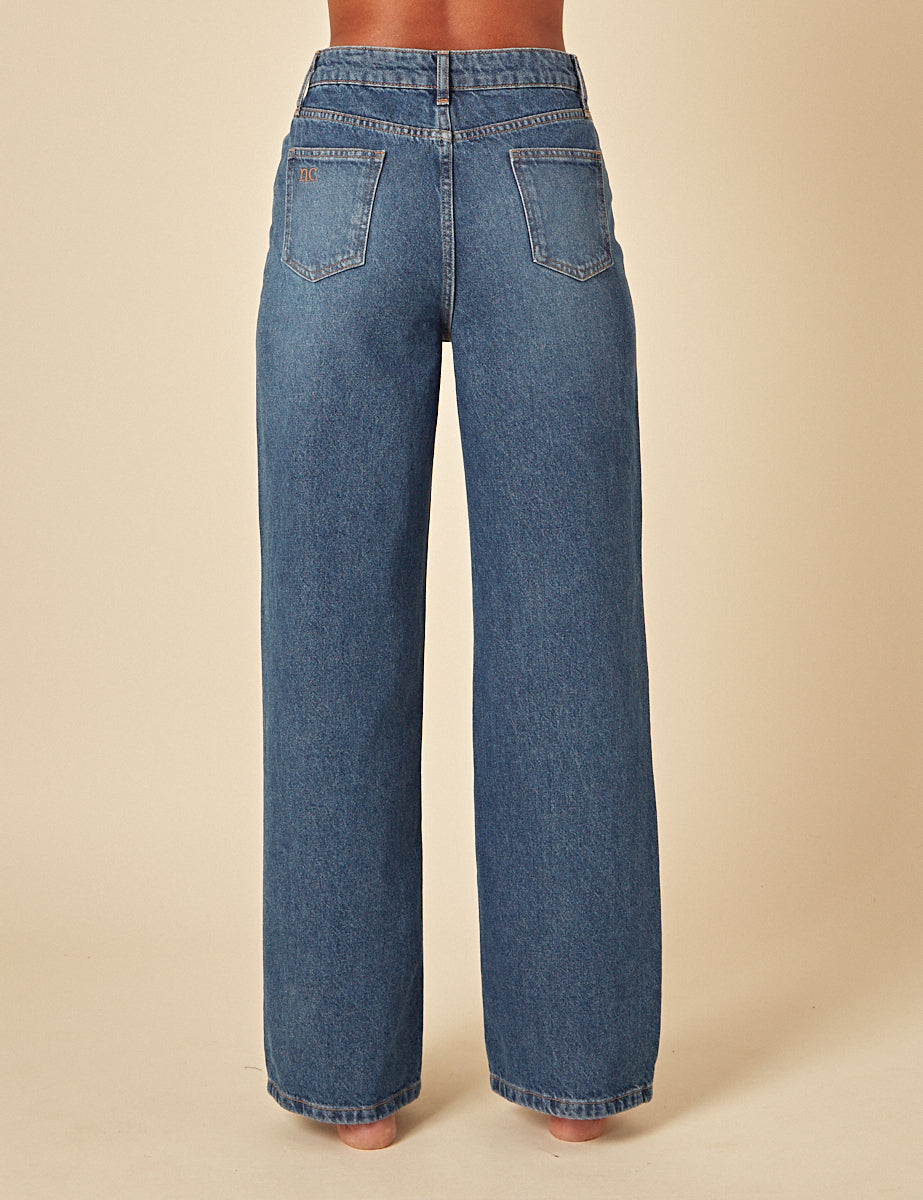 Mid Wash Denim High Rise Wide Leg Jeans