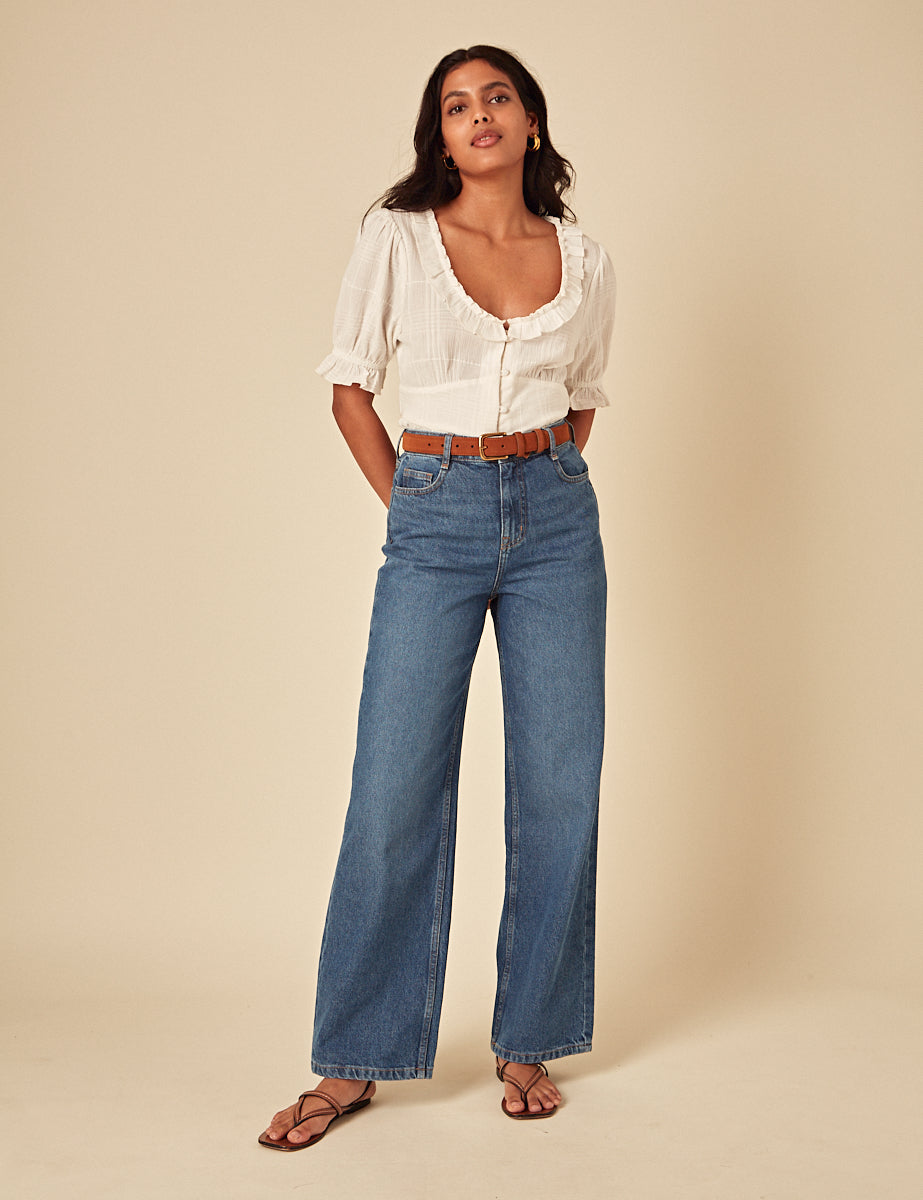 Mid Wash Denim High Rise Wide Leg Jeans