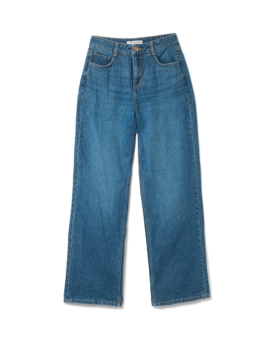 Mid Wash Denim High Rise Wide Leg Jeans