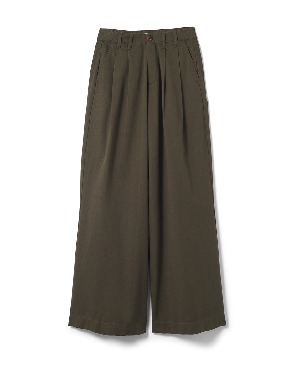 Khaki Twill Pleated Wide Leg Ava Trousers