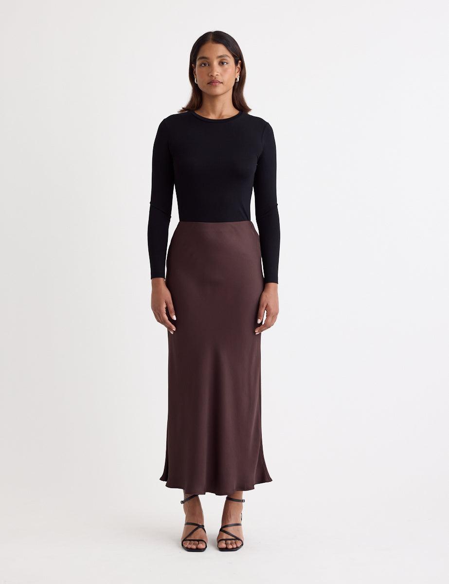 Brown Satin Mila Midi Slip Skirt