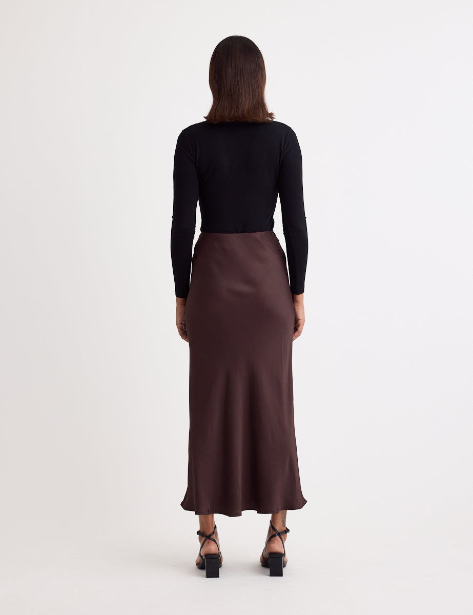 Brown Satin Mila Midi Slip Skirt