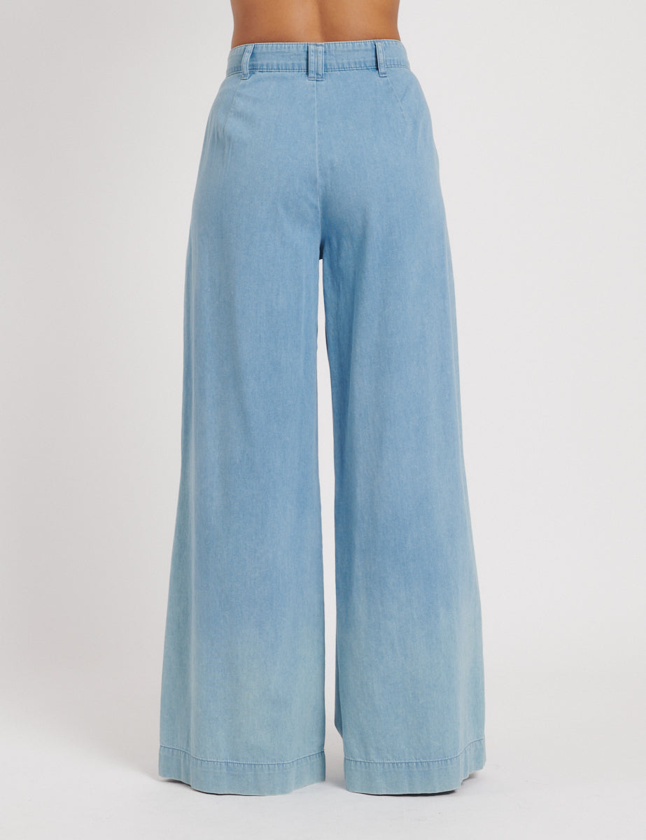 Mid Wash Blue Denim Double Pleated Wide Leg Ava Trousers