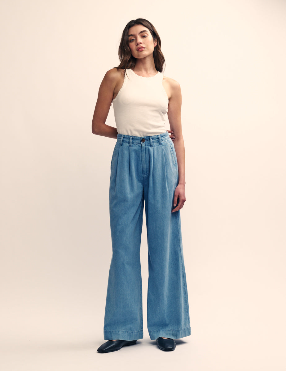 Mid Wash Blue Denim Double Pleated Wide Leg Ava Trousers