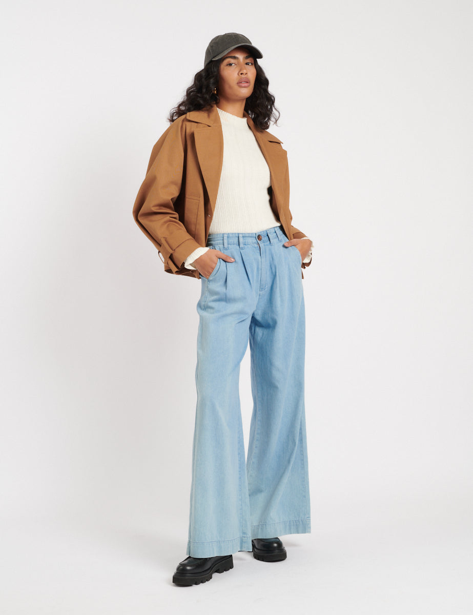 Mid Wash Blue Denim Double Pleated Wide Leg Ava Trousers