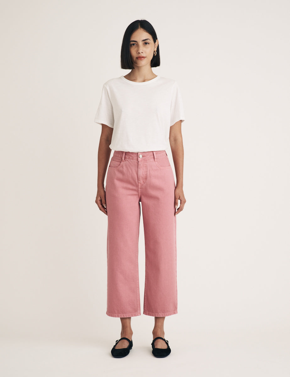 Pink Cropped Wide Leg Jeans