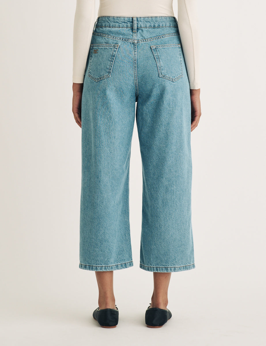 Mid Wash Denim Cropped Wide Leg Jeans