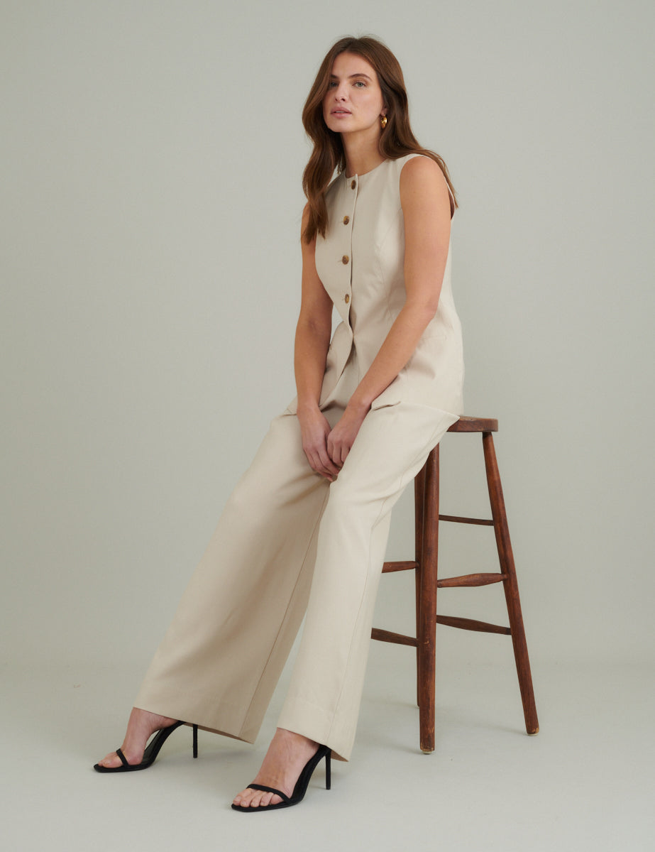 Cream Wide Leg Tailored Trousers