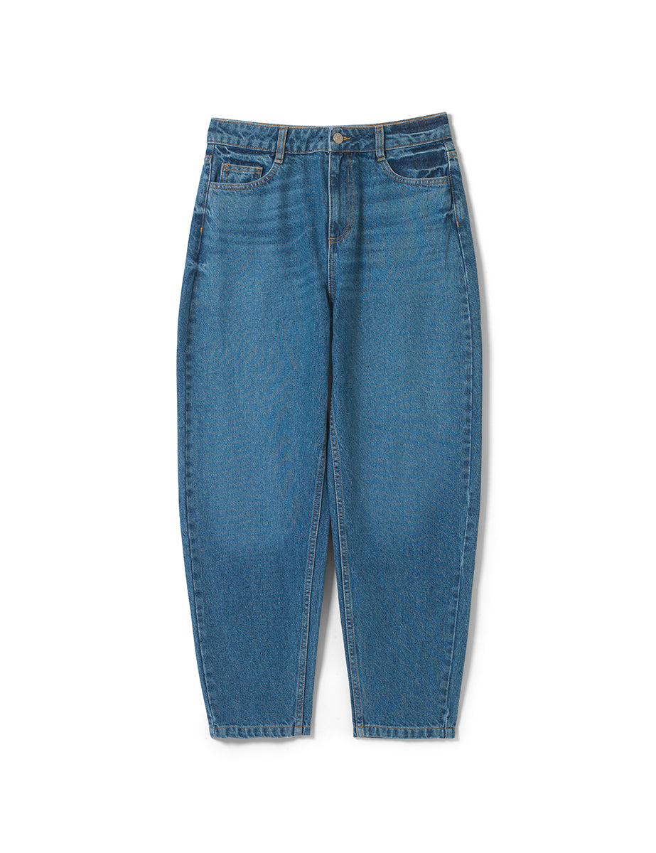 Mid Wash High Rise Barrel Leg Jeans