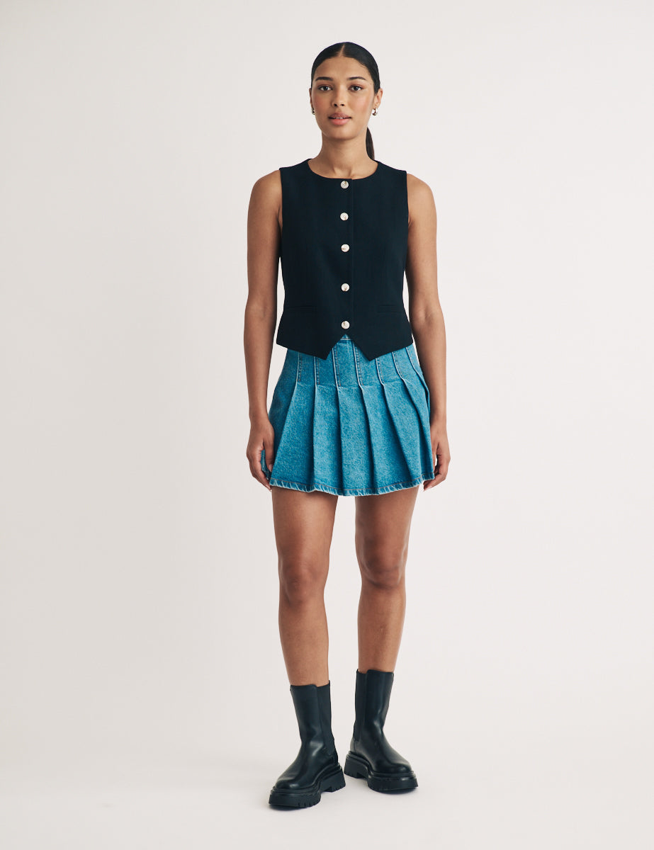 Denim Pleated Mini Skirt