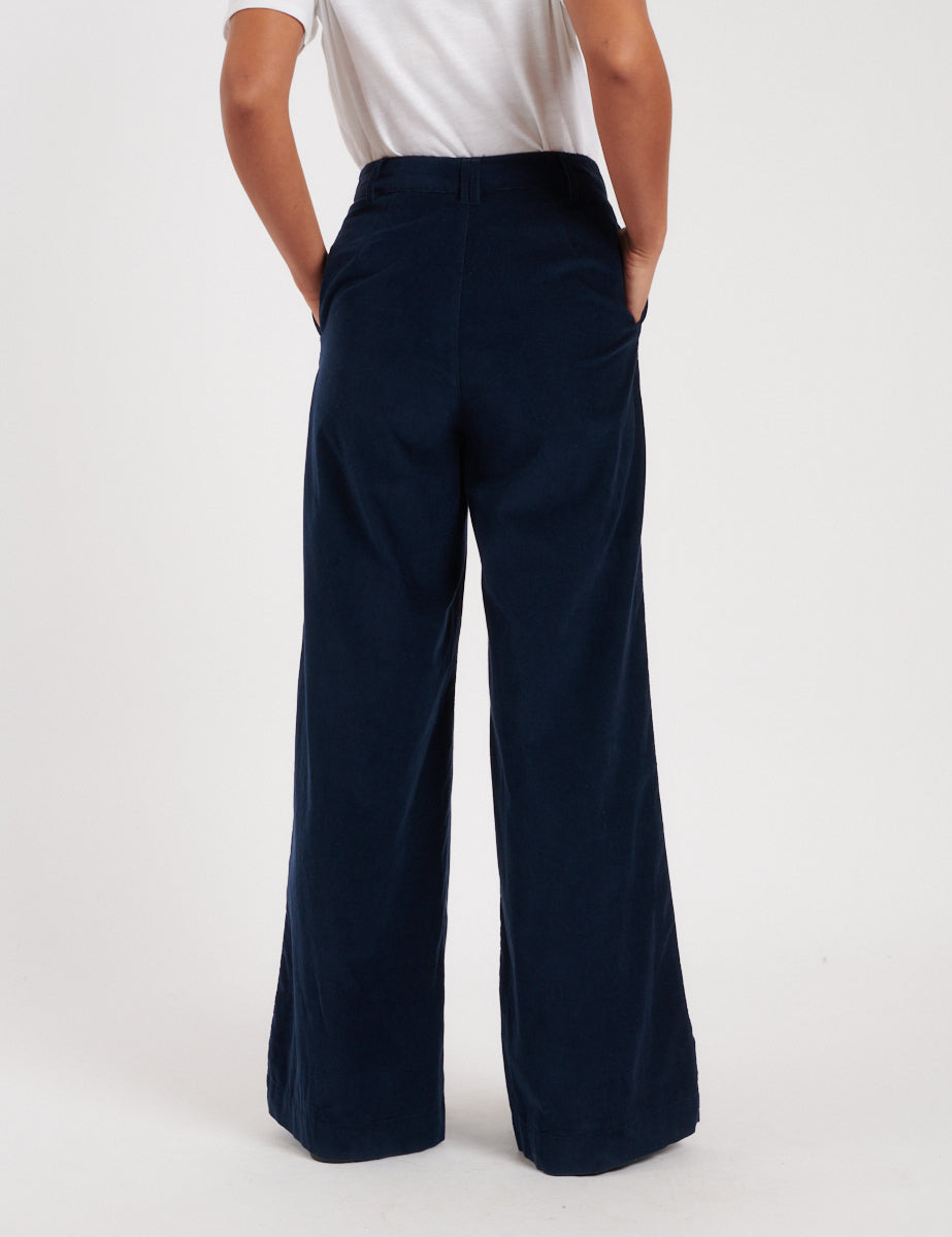 Navy Cord Pleated Wide Leg Trousers