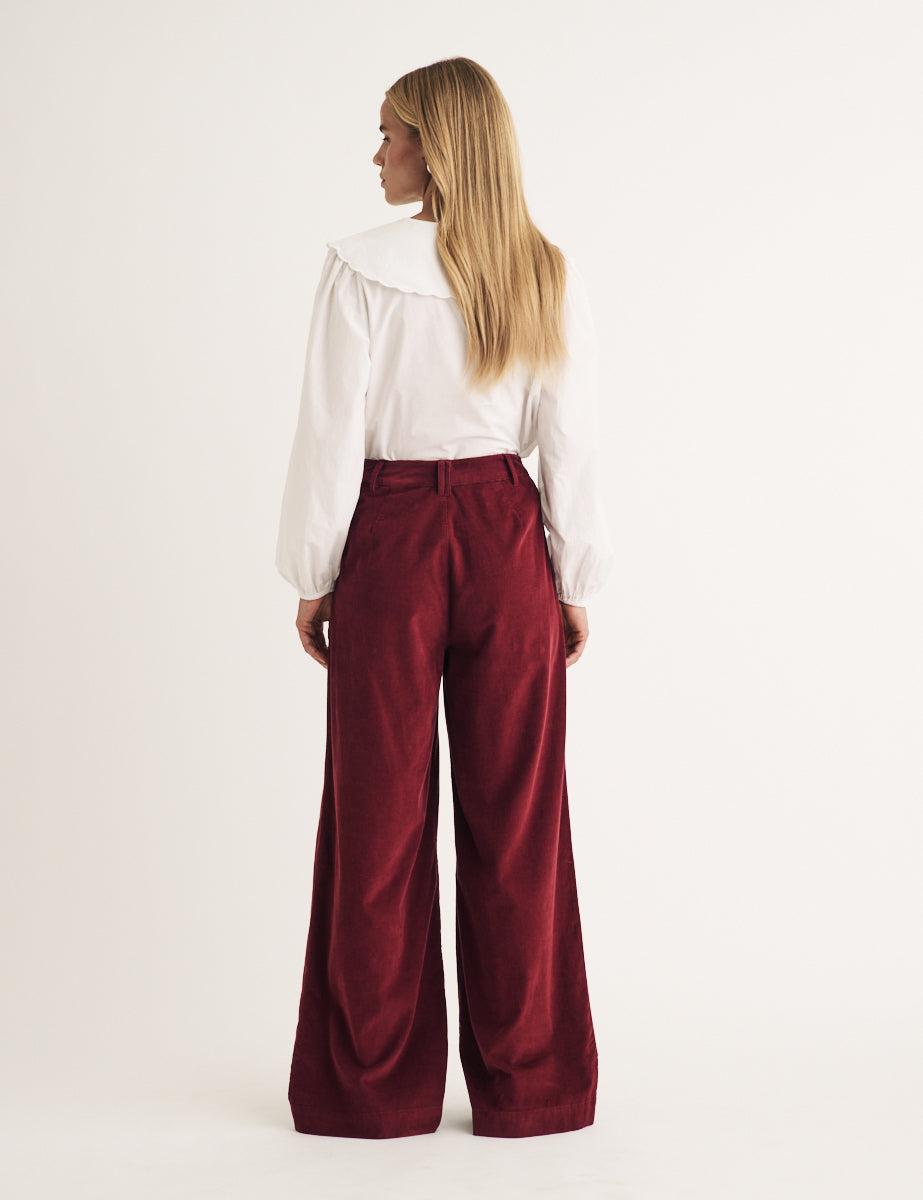 Red Cord Pleated Wide Leg Ava Trousers