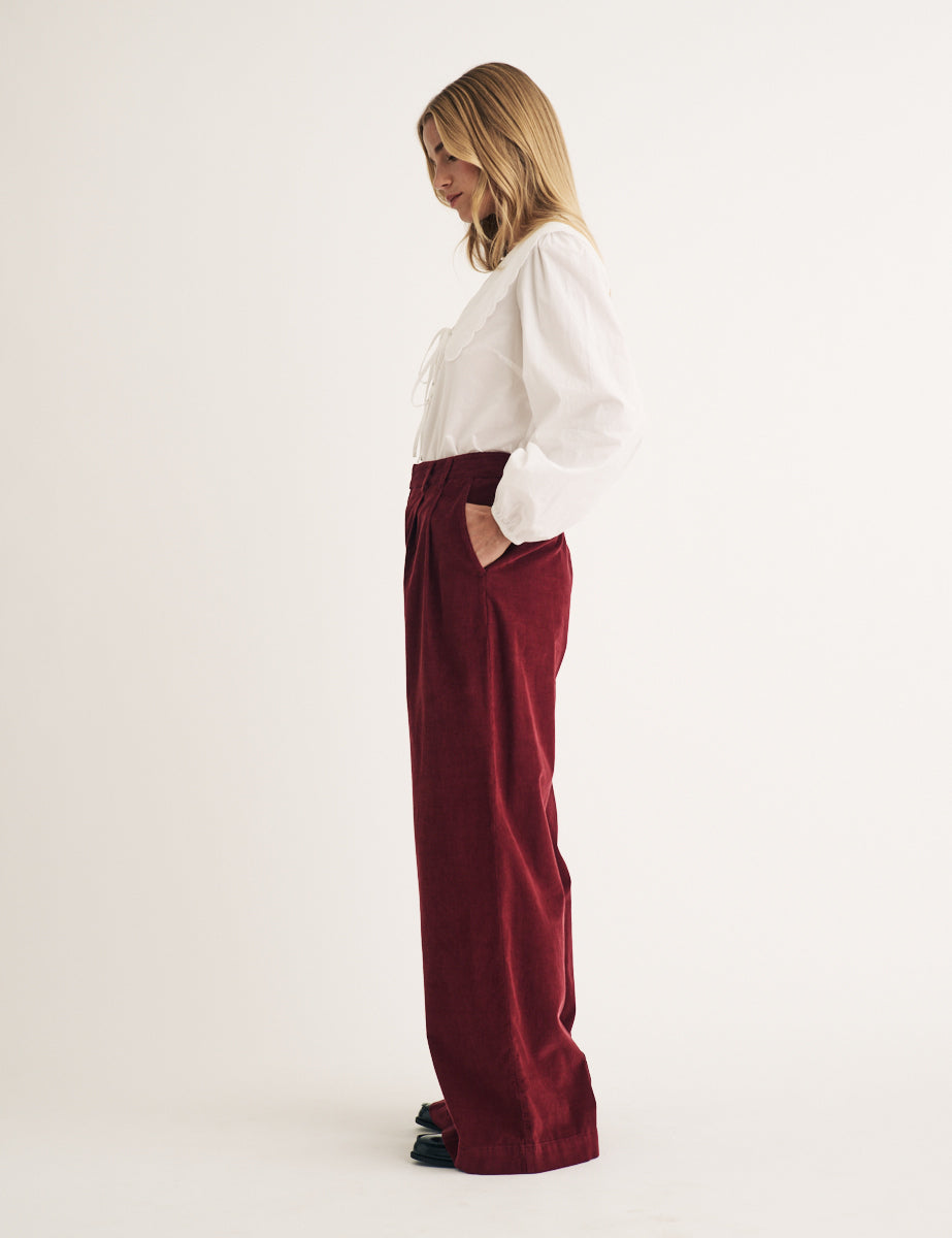 Red Cord Pleated Wide Leg Ava Trousers