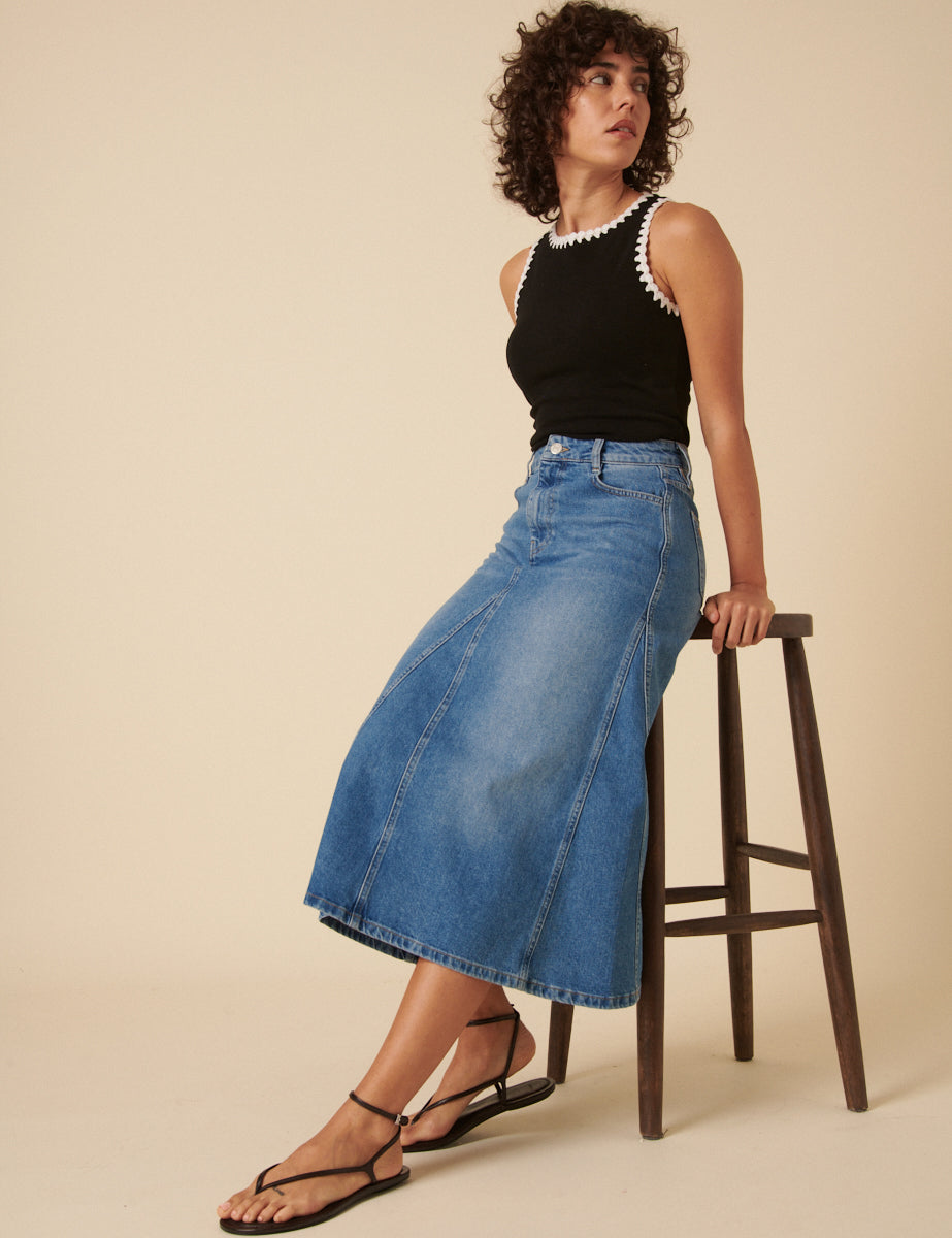 Mid Wash Denim A-line Midi Skirt