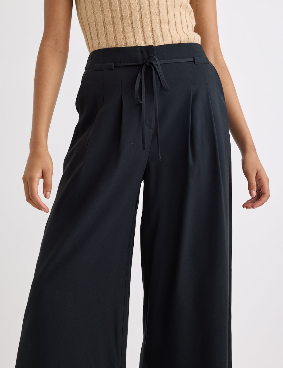 Black Tie Waist Wide Leg Trousers