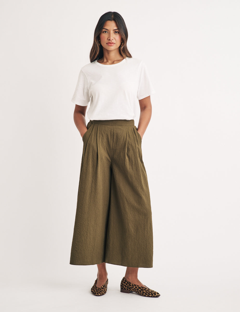 Khaki Wide Leg Cropped Zeena Trousers