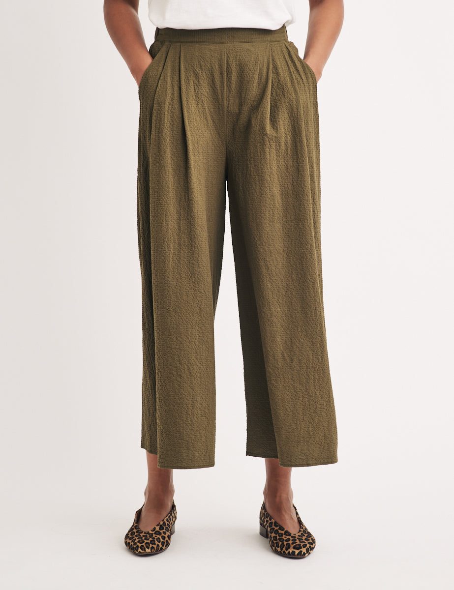 Khaki Wide Leg Cropped Zeena Trousers