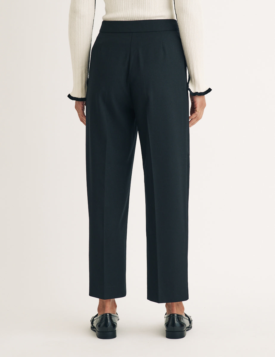 Black Double Pleated Wool Blend Tailored Trousers