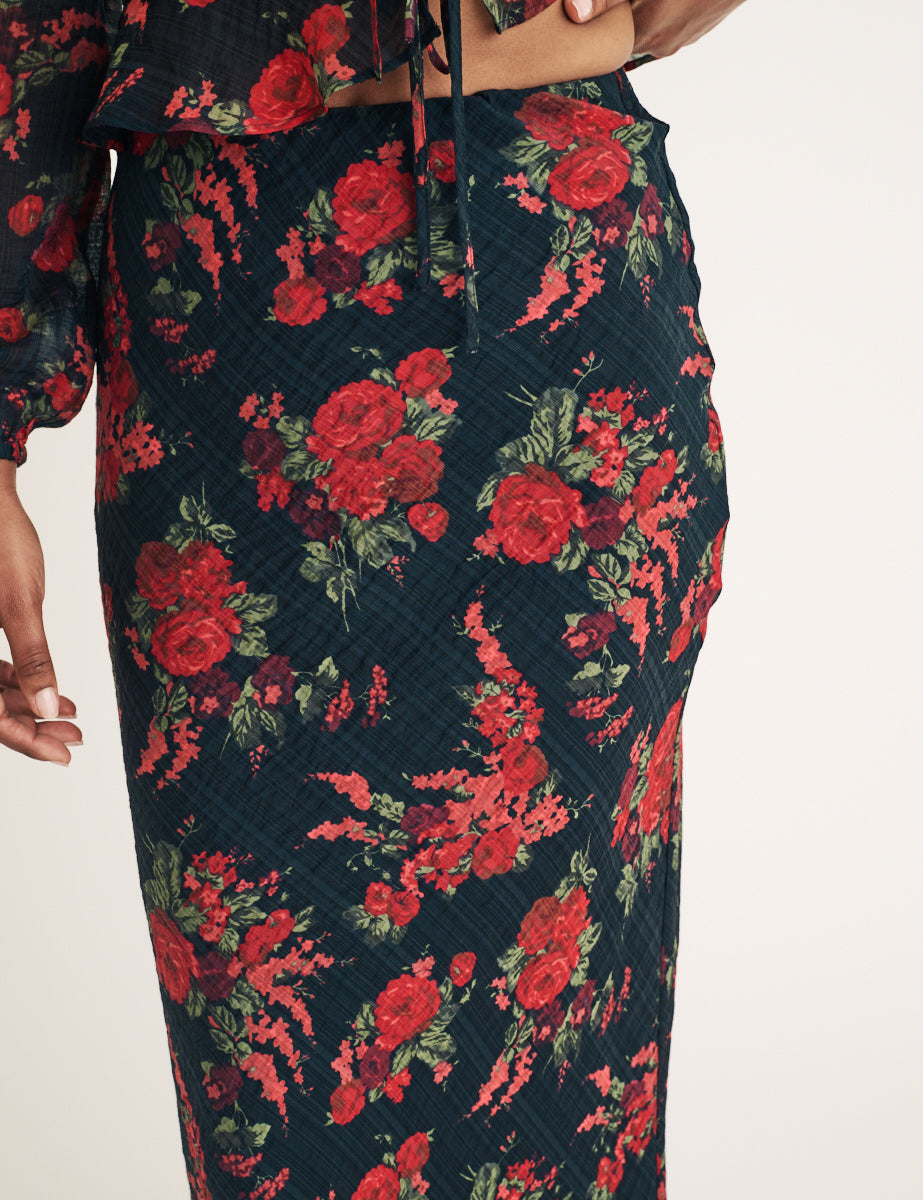 Red Floral Chiffon Midi Slip Skirt