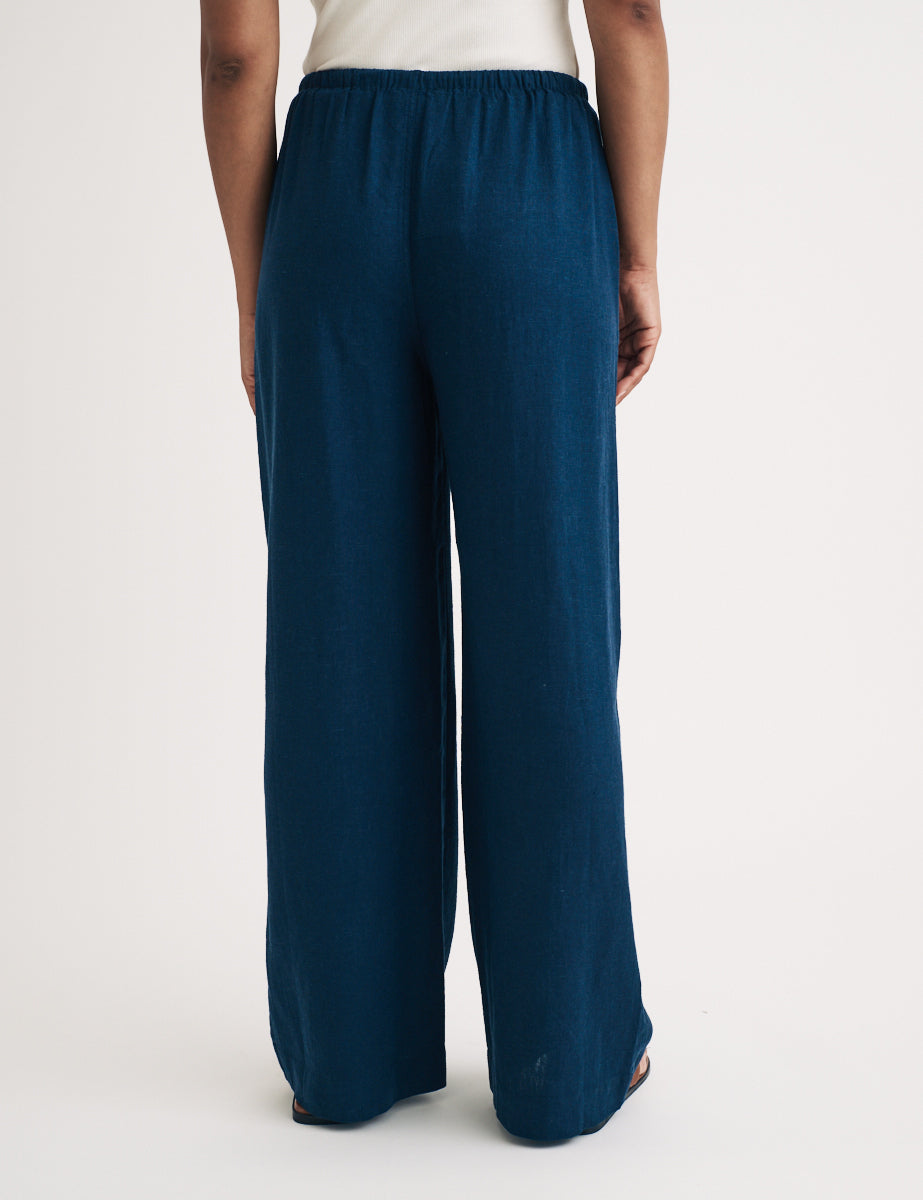 Blue Linen-blend Drawstring Trousers