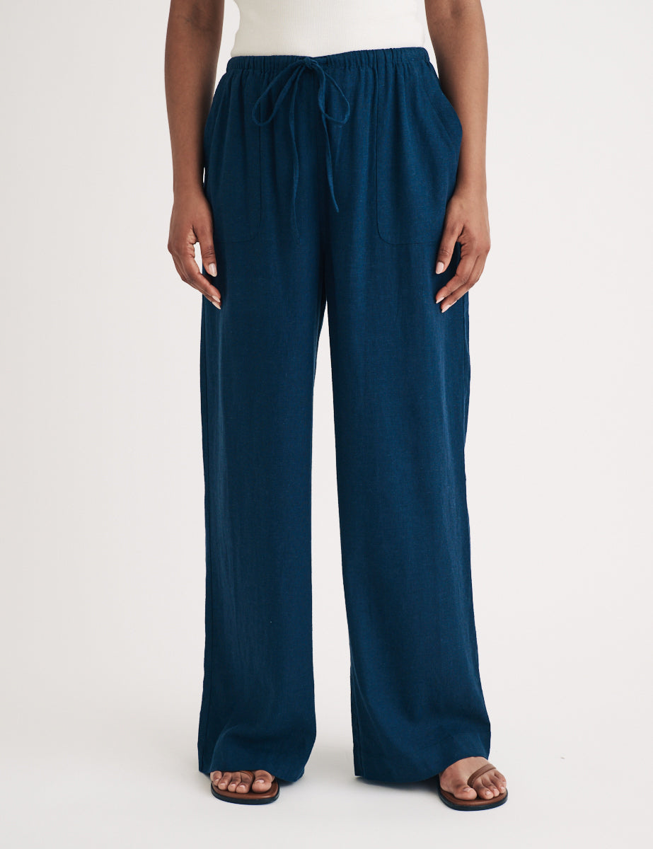 Blue Linen-blend Drawstring Trousers