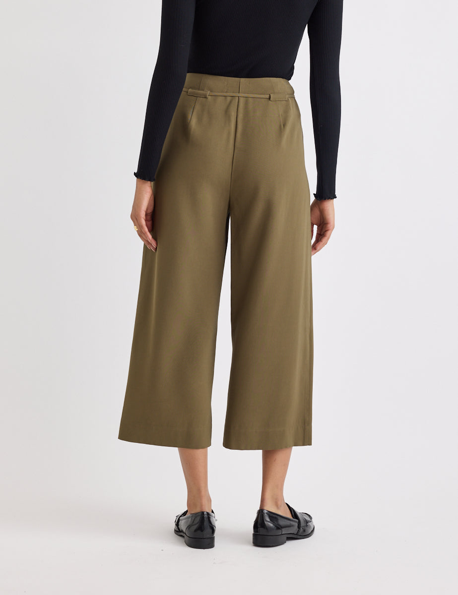 Green Tie Waist Wide Leg Cropped Trousers