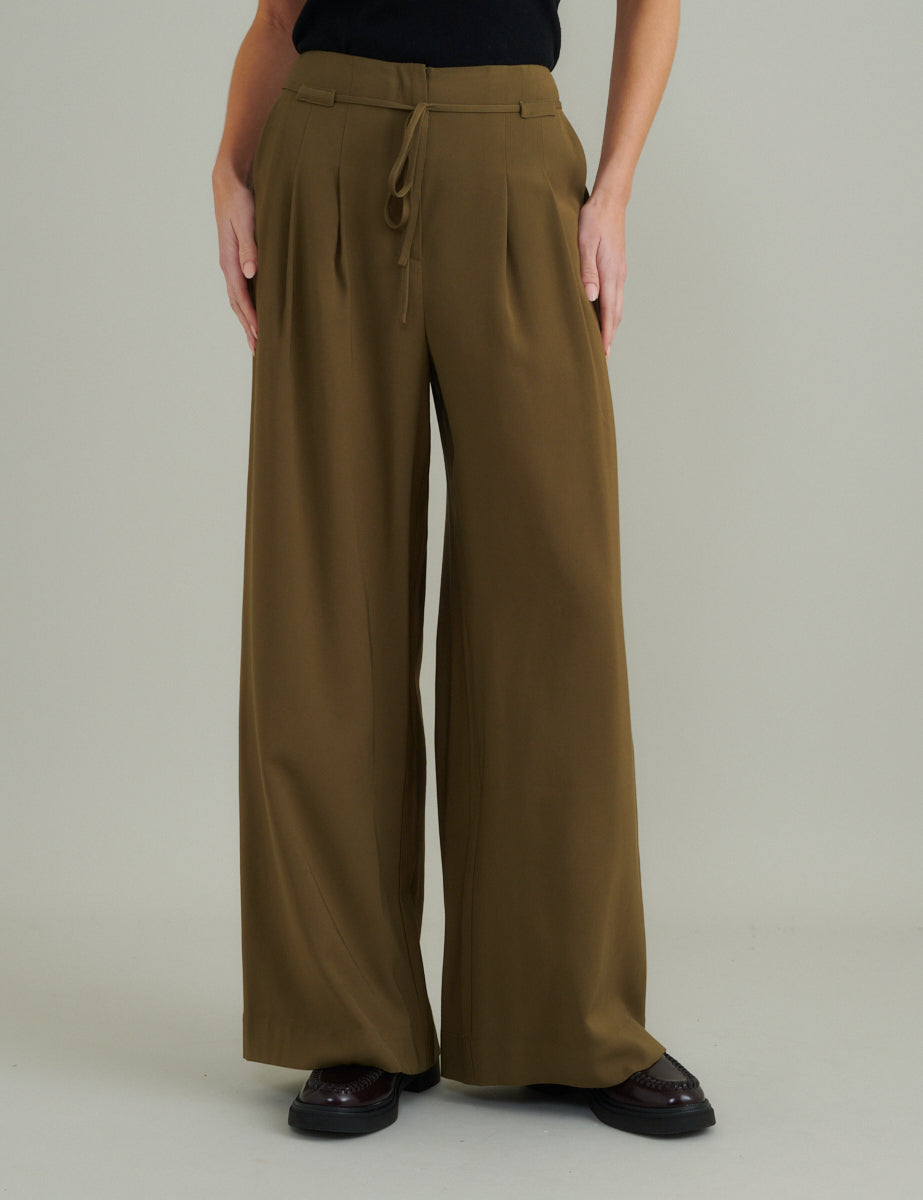 Green Tie Waist Wide Leg Trousers