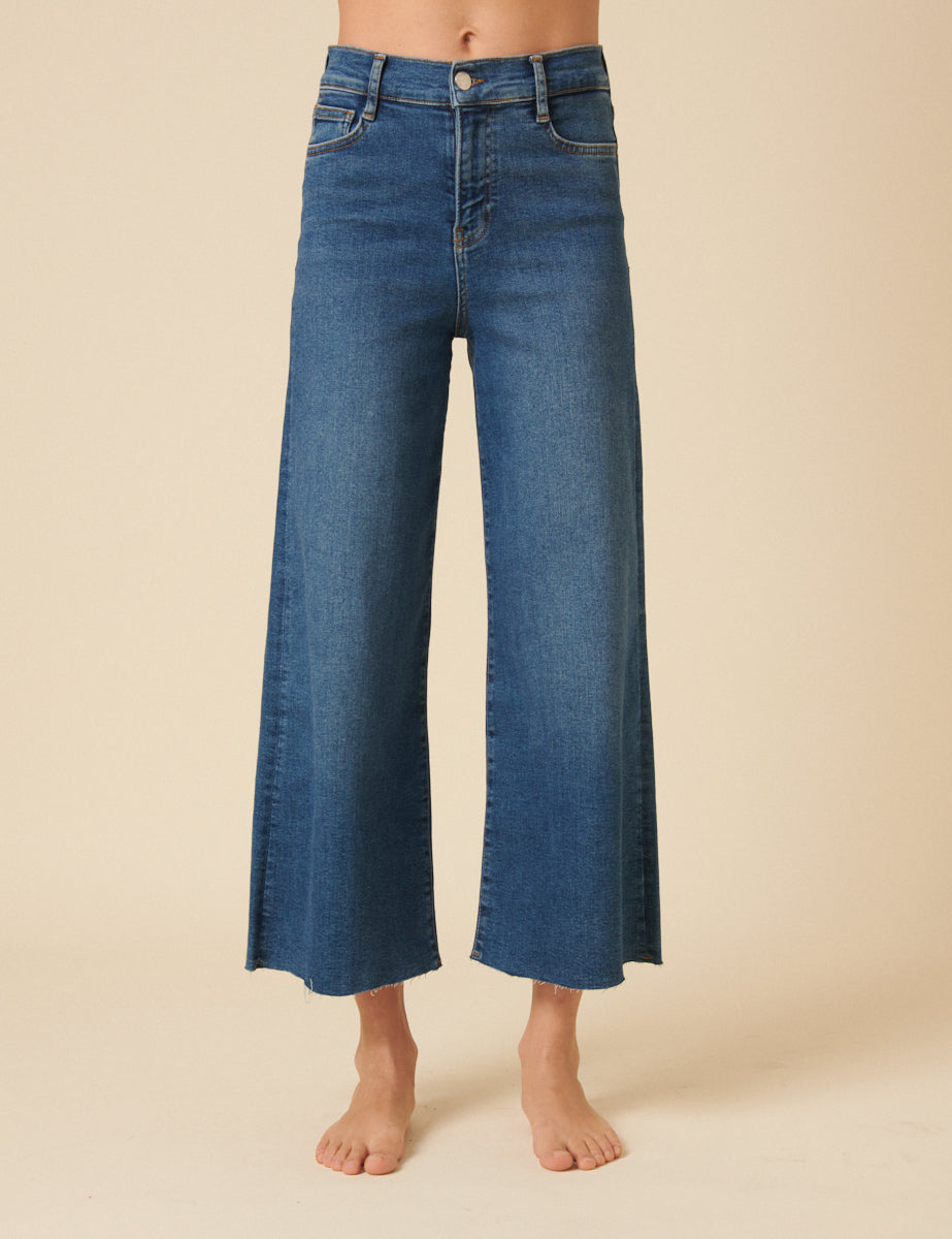 Mid Wash Denim Cropped Palazzo Jeans