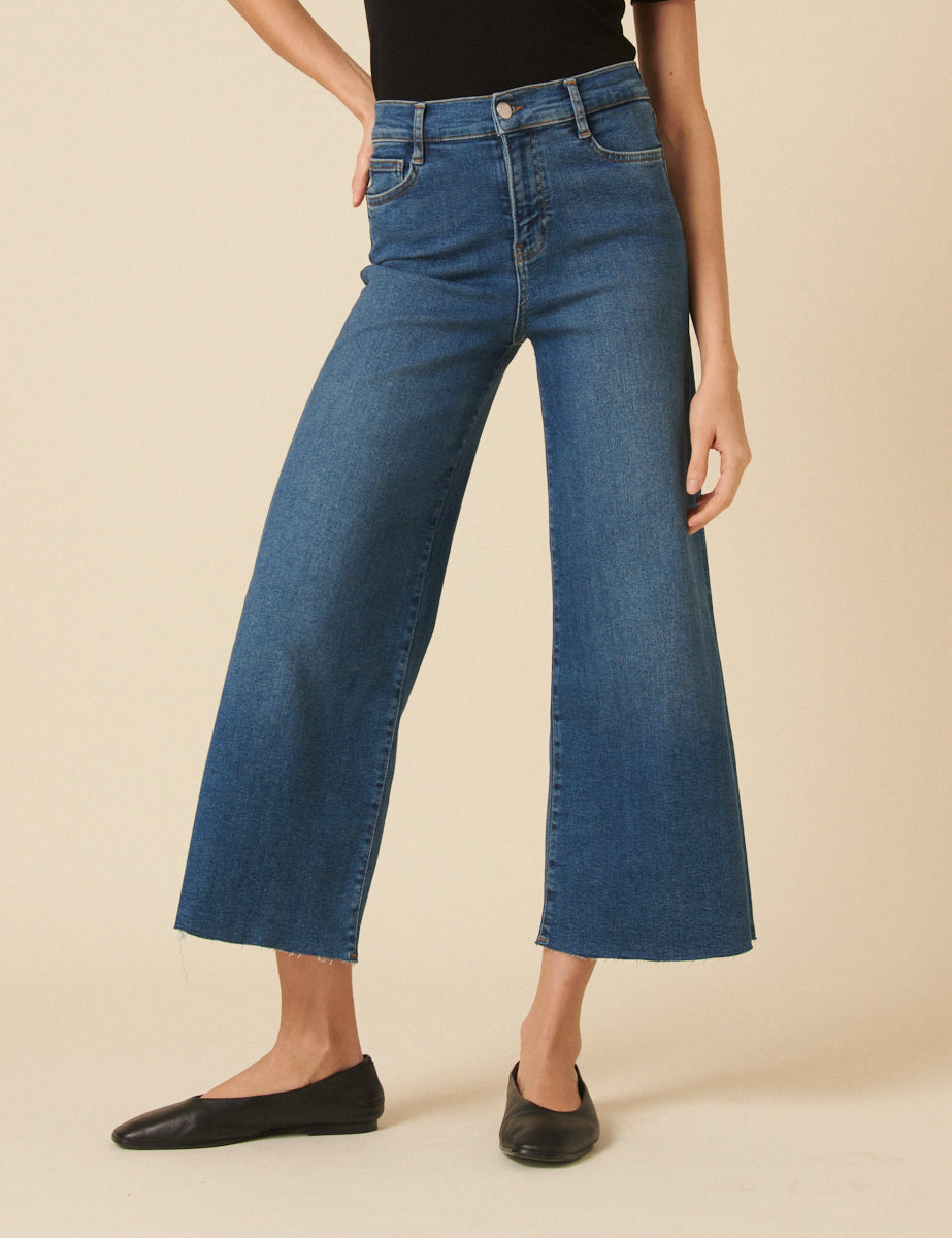 Mid Wash Denim Cropped Palazzo Jeans