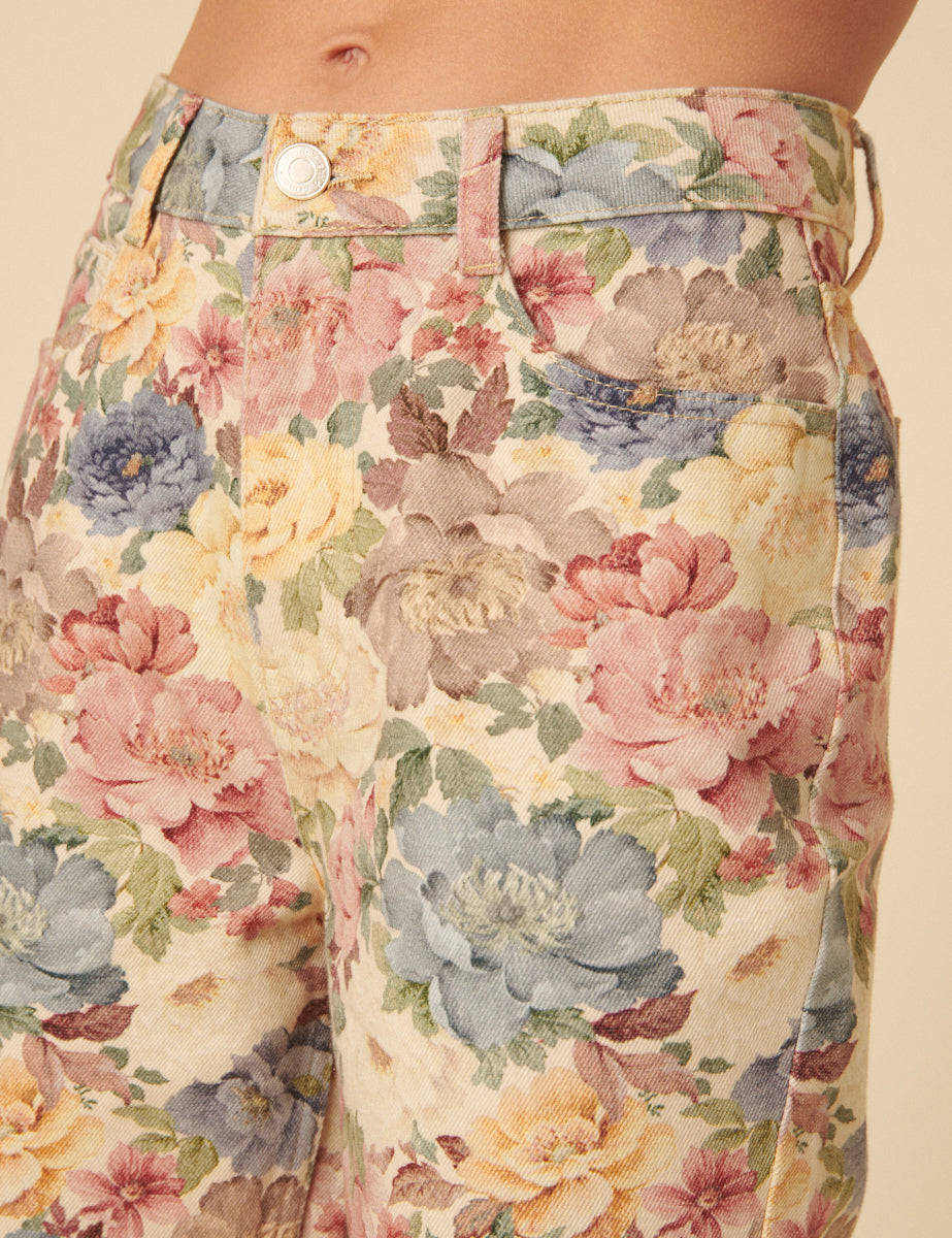 Floral Print Denim Straight Leg Jeans