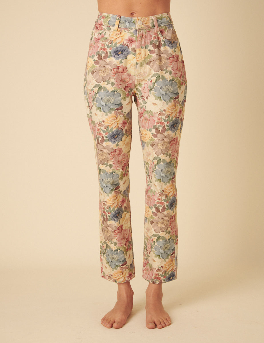 Floral Print Denim Straight Leg Jeans