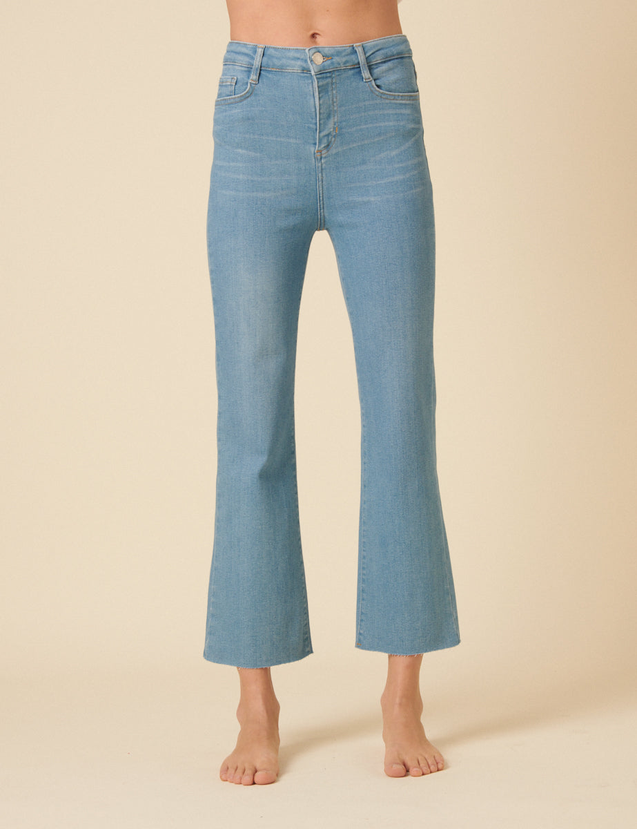 Light Wash Denim Cropped Kick Flare Jeans