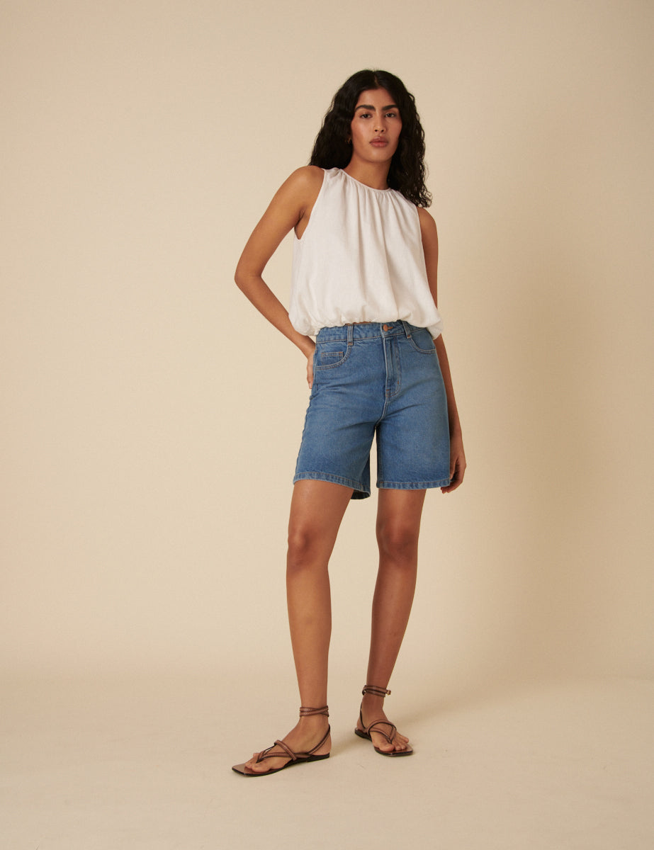 Mid Wash Denim Long Shorts