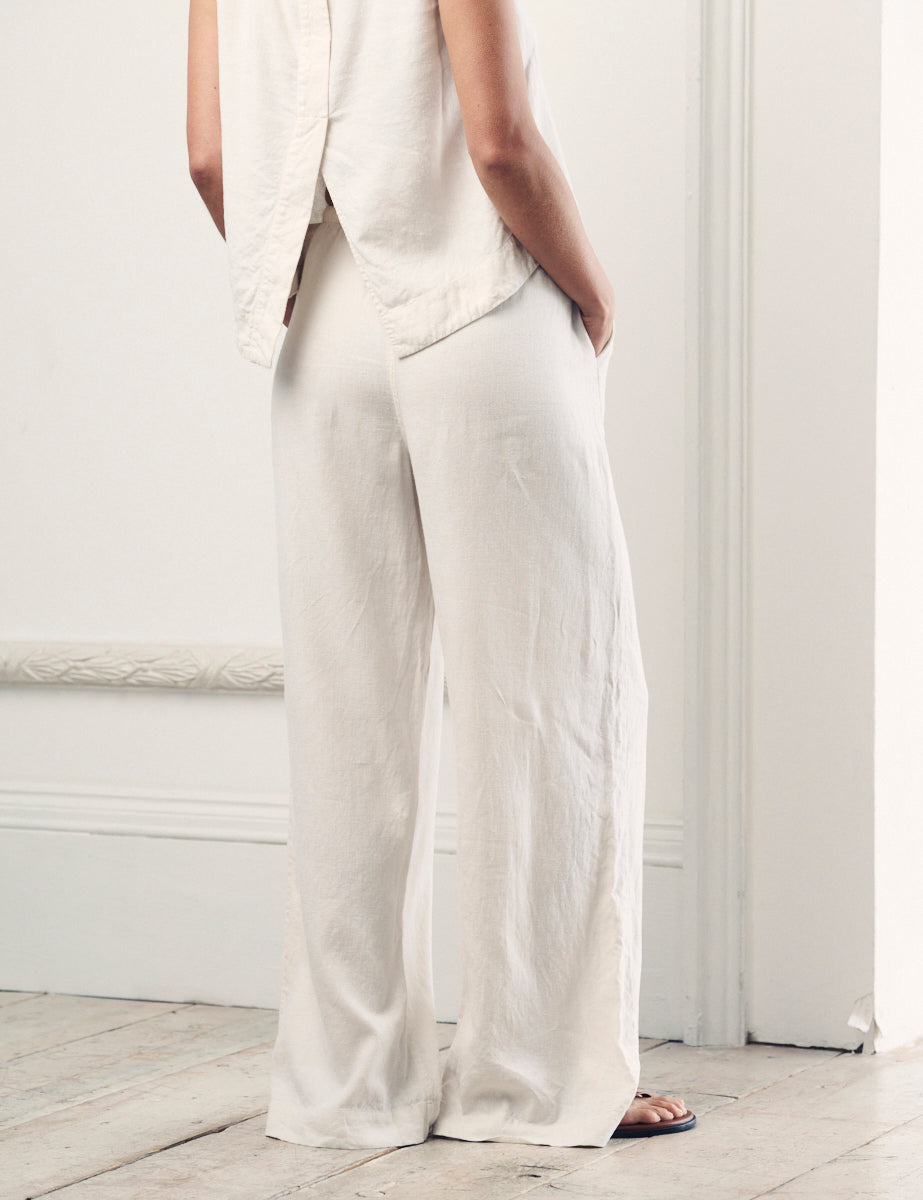 Cream Linen-blend Drawstring Wide Leg Trousers