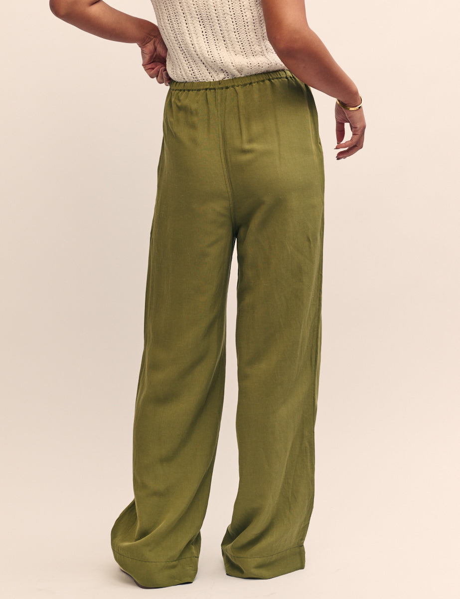 Green Linen-blend Drawstring Wide Leg Trousers