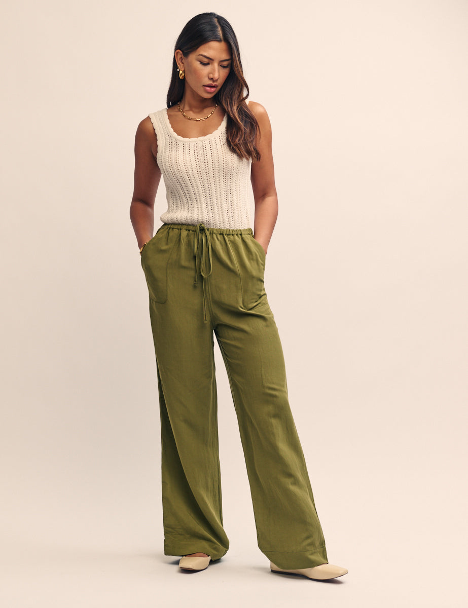 Green Linen-blend Drawstring Wide Leg Trousers