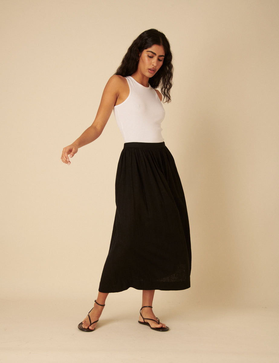 Black Linen-blend A-line Midi Skirt