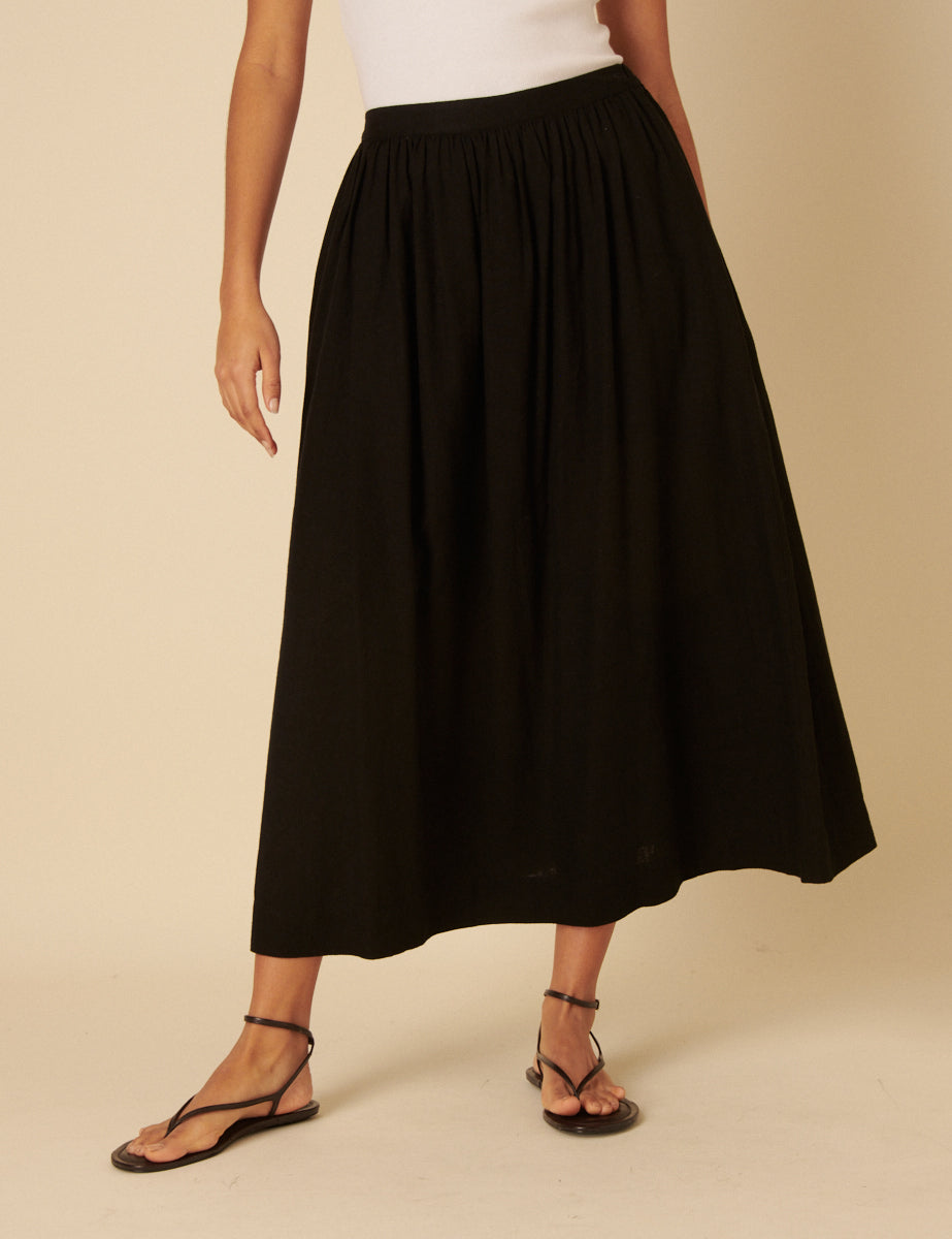 Black Linen-blend A-line Midi Skirt