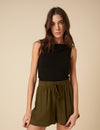 Khaki Drawstring Linen-blend Jet Shorts