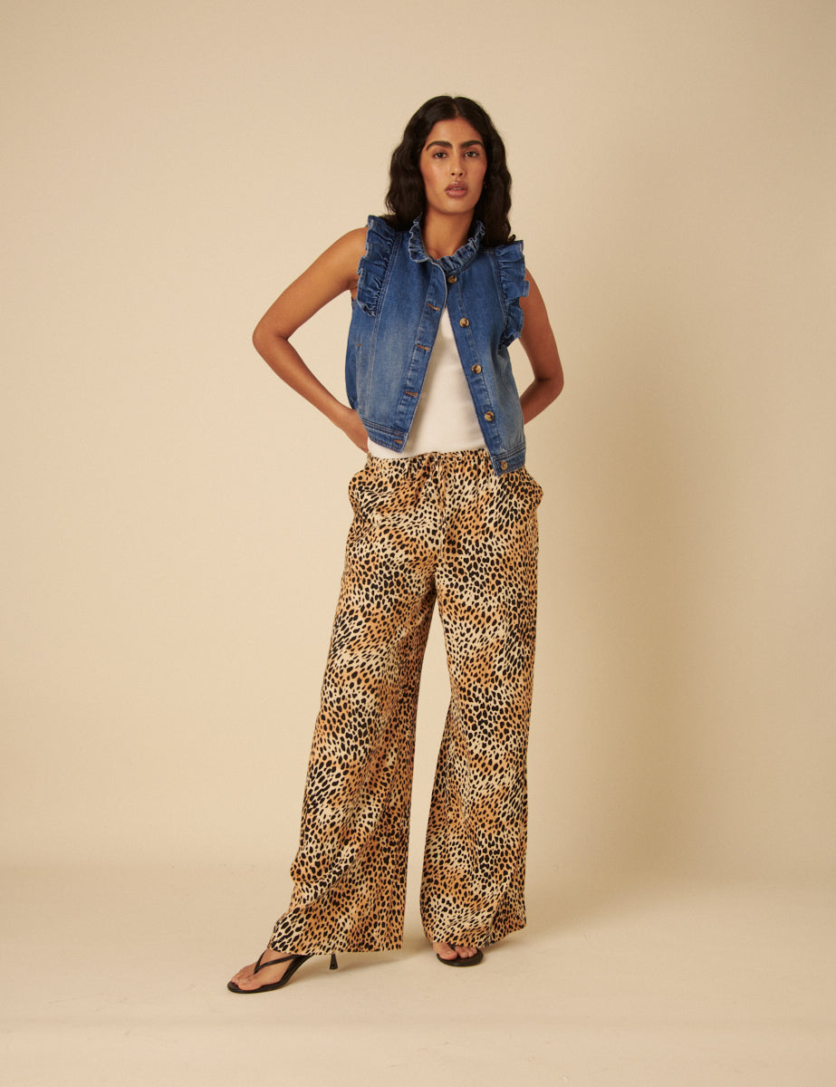 Leopard Print Drawstring Linen-blend Trousers