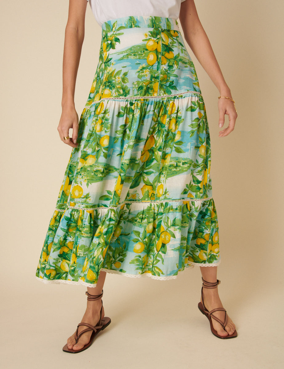 Green Linen-blend Lemon Print Tiered Midi Skirt